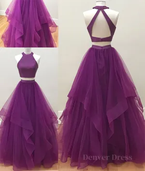 kamahe Simple two pieces tulle long prom dress, tulle evening dress