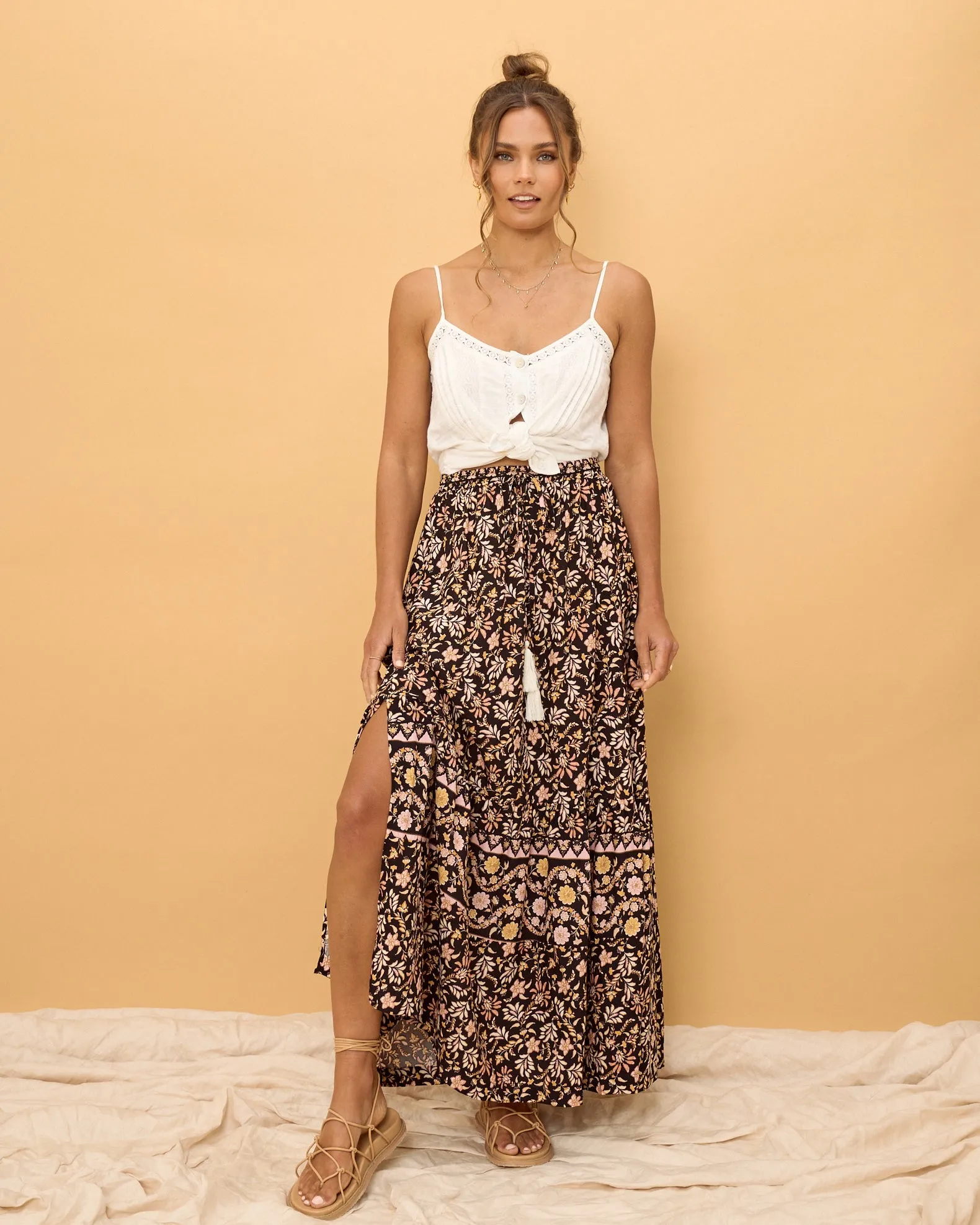 Laila Black Floral Boho Split Maxi Skirt