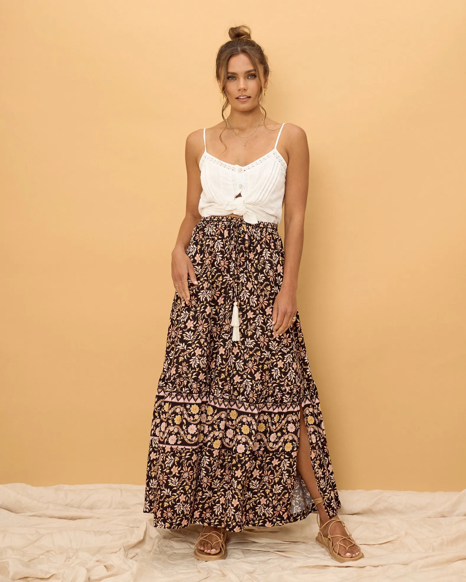 Laila Black Floral Boho Split Maxi Skirt