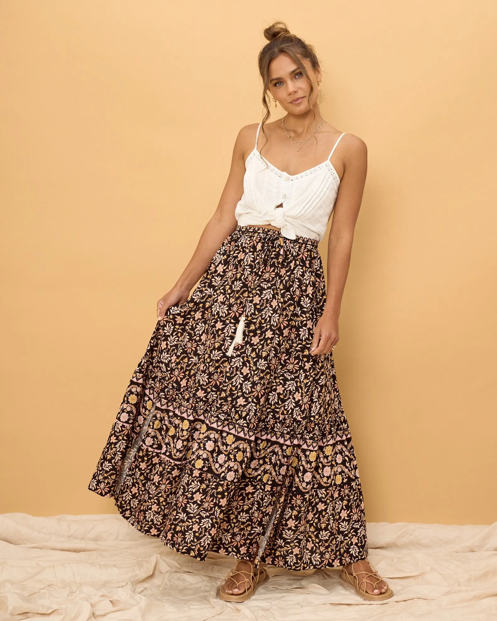 Laila Black Floral Boho Split Maxi Skirt