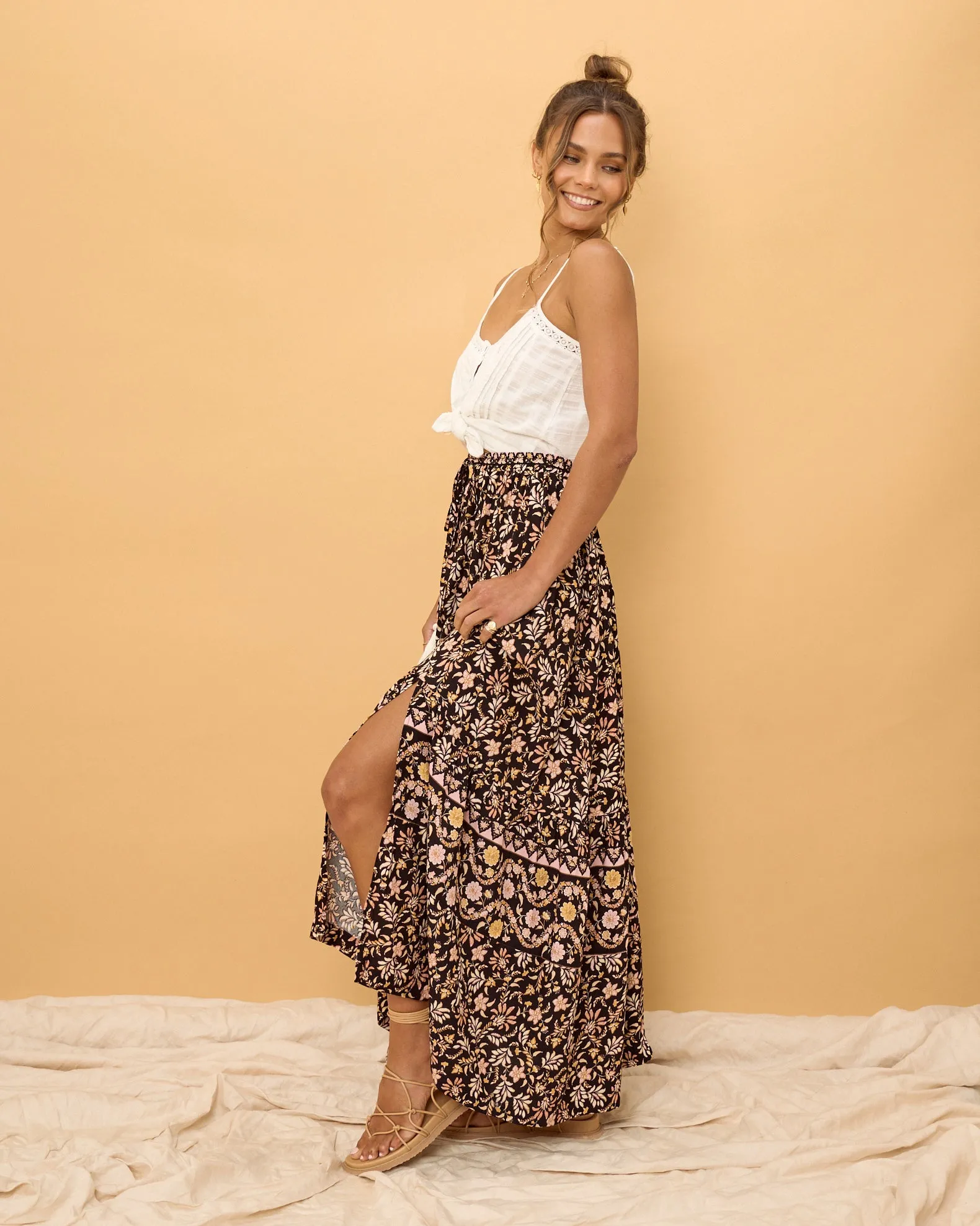 Laila Black Floral Boho Split Maxi Skirt