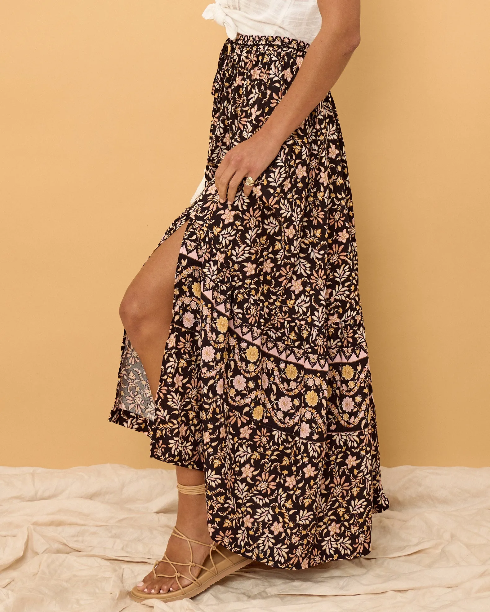 Laila Black Floral Boho Split Maxi Skirt