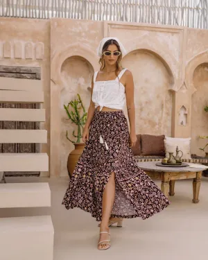 Laila Black Floral Boho Split Maxi Skirt