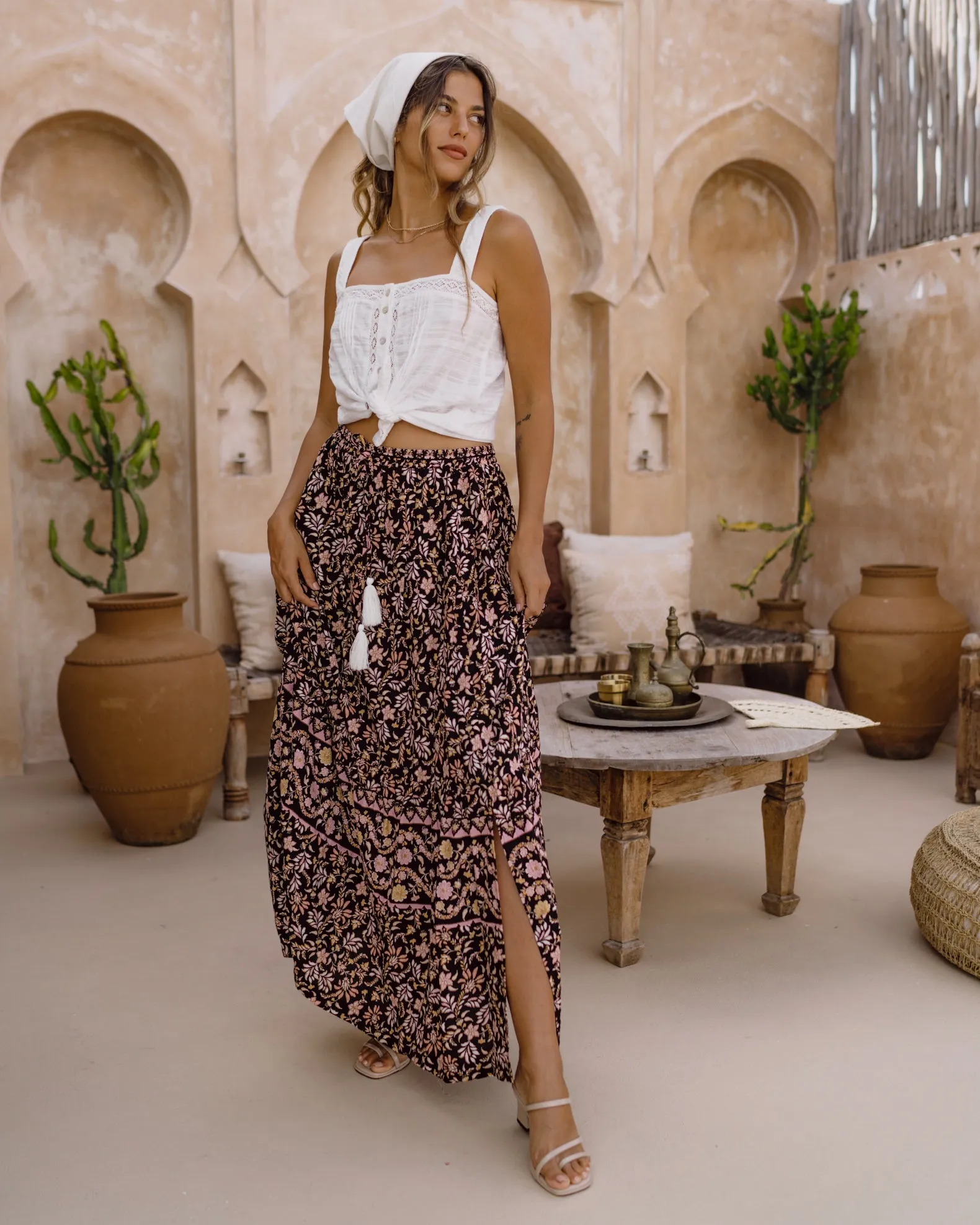 Laila Black Floral Boho Split Maxi Skirt