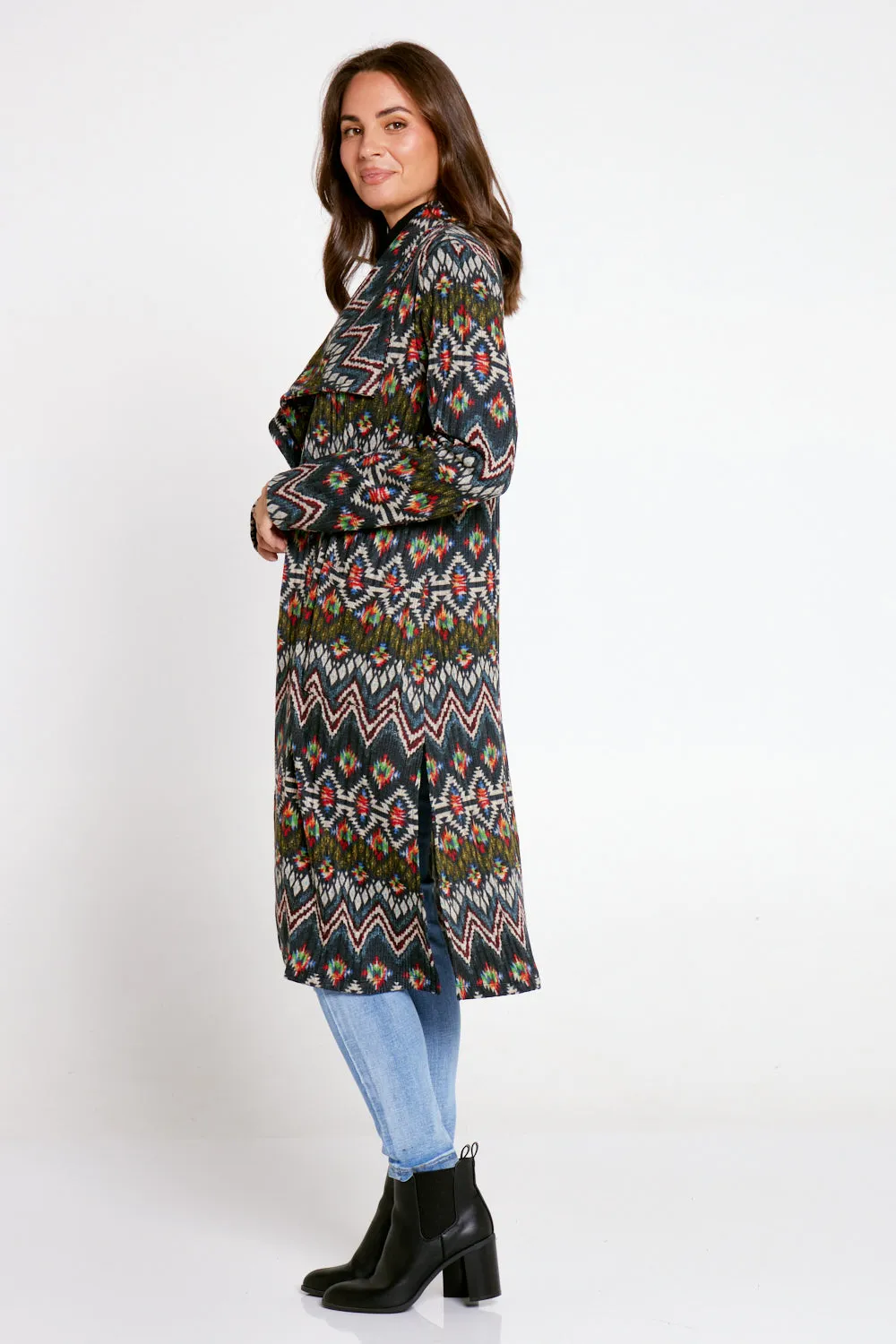 Lara Fleece Trench Coat - Navy Aztec