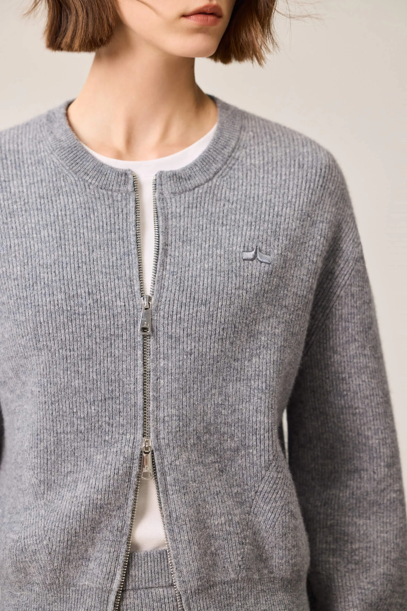 LILY Grey Tone Minimalist Crewneck Cardigan Sweater