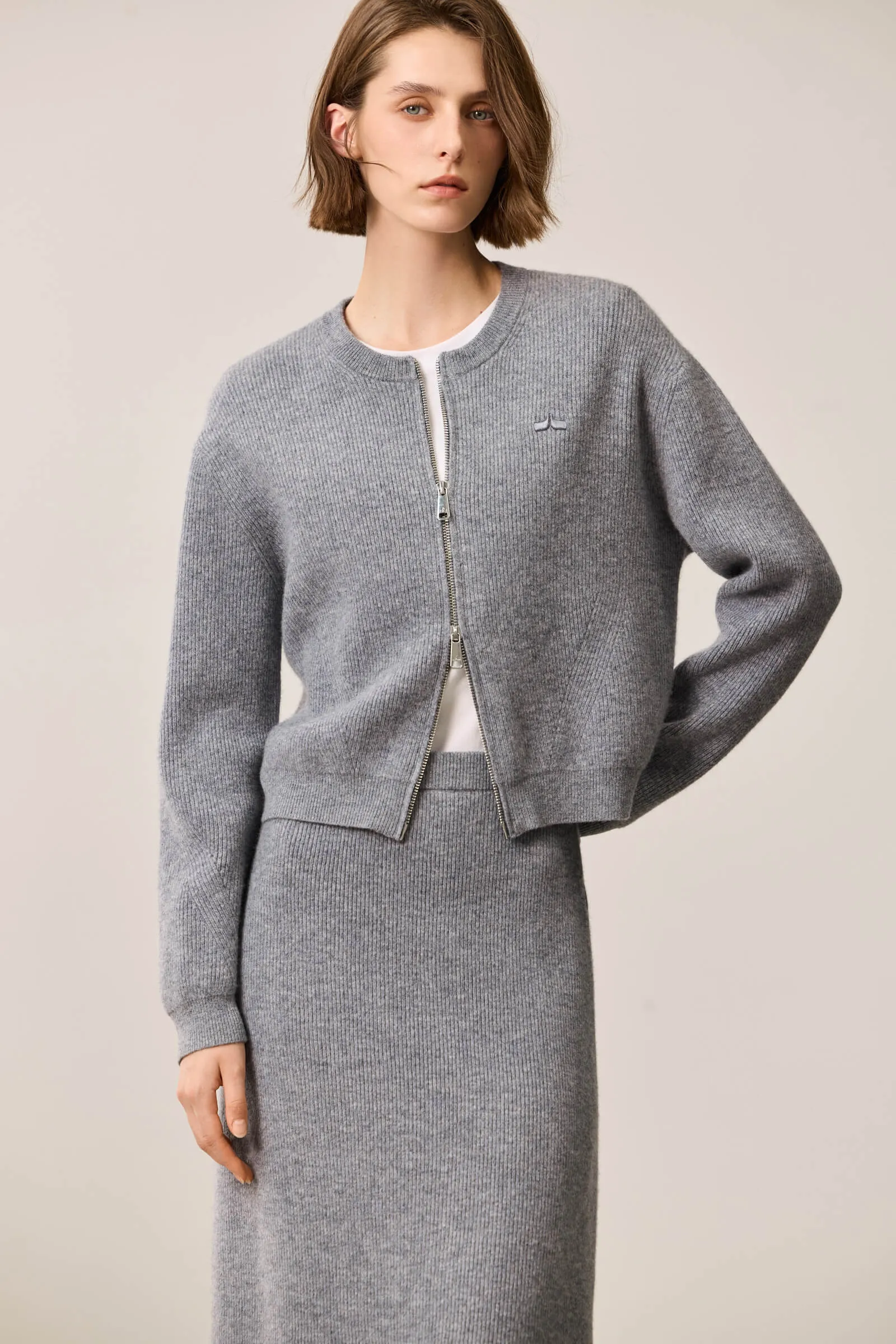 LILY Grey Tone Minimalist Crewneck Cardigan Sweater