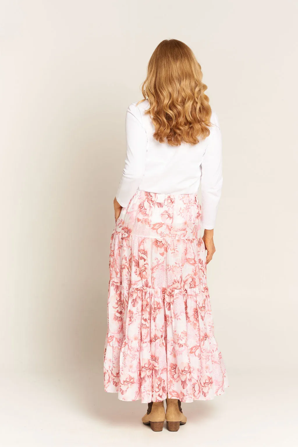 Linen Tiered Skirt Pink Floral