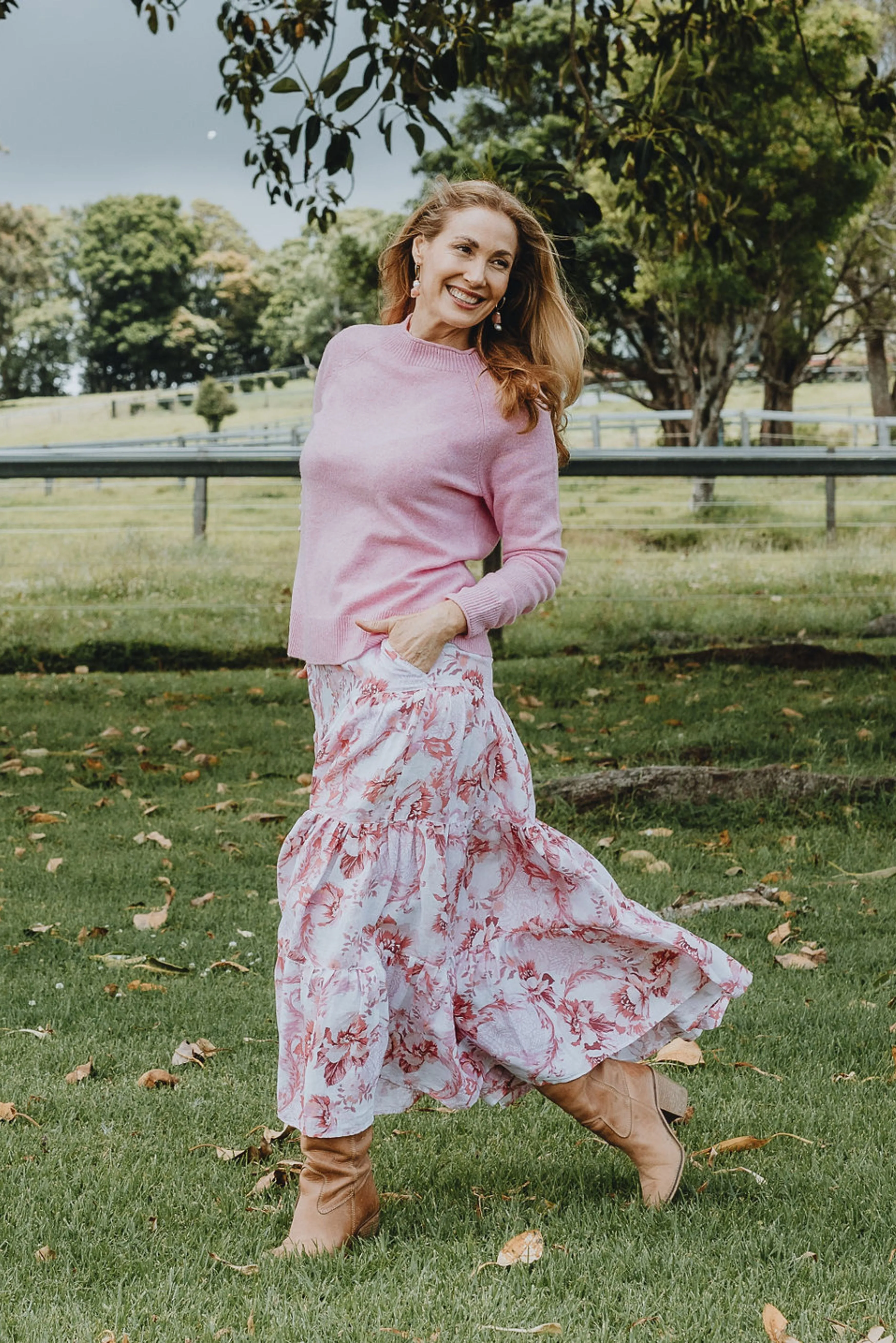 Linen Tiered Skirt Pink Floral