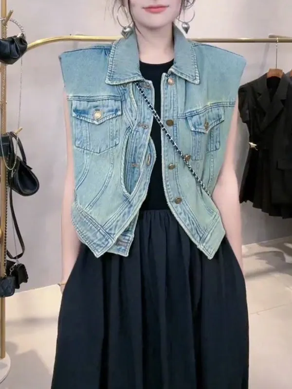 Loose Sleeveless Asymmetric Buttoned Pockets Split-Joint Lapel Collar Vest Outerwear