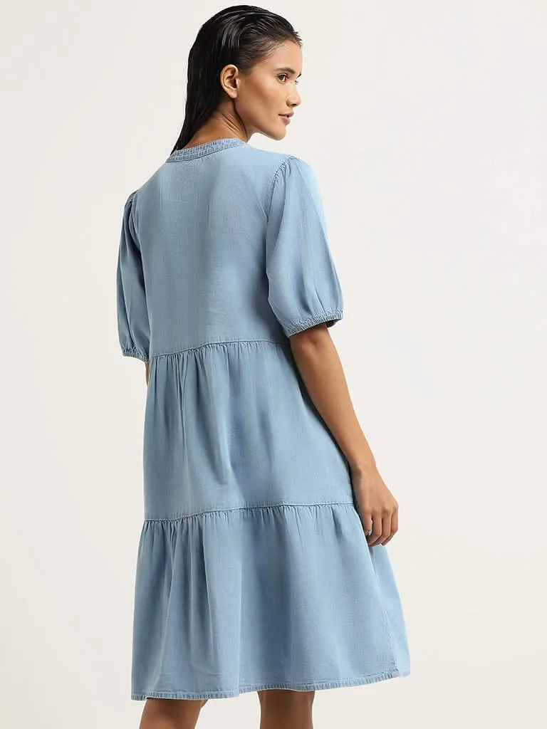 LOV Blue Cotton Tiered Dress