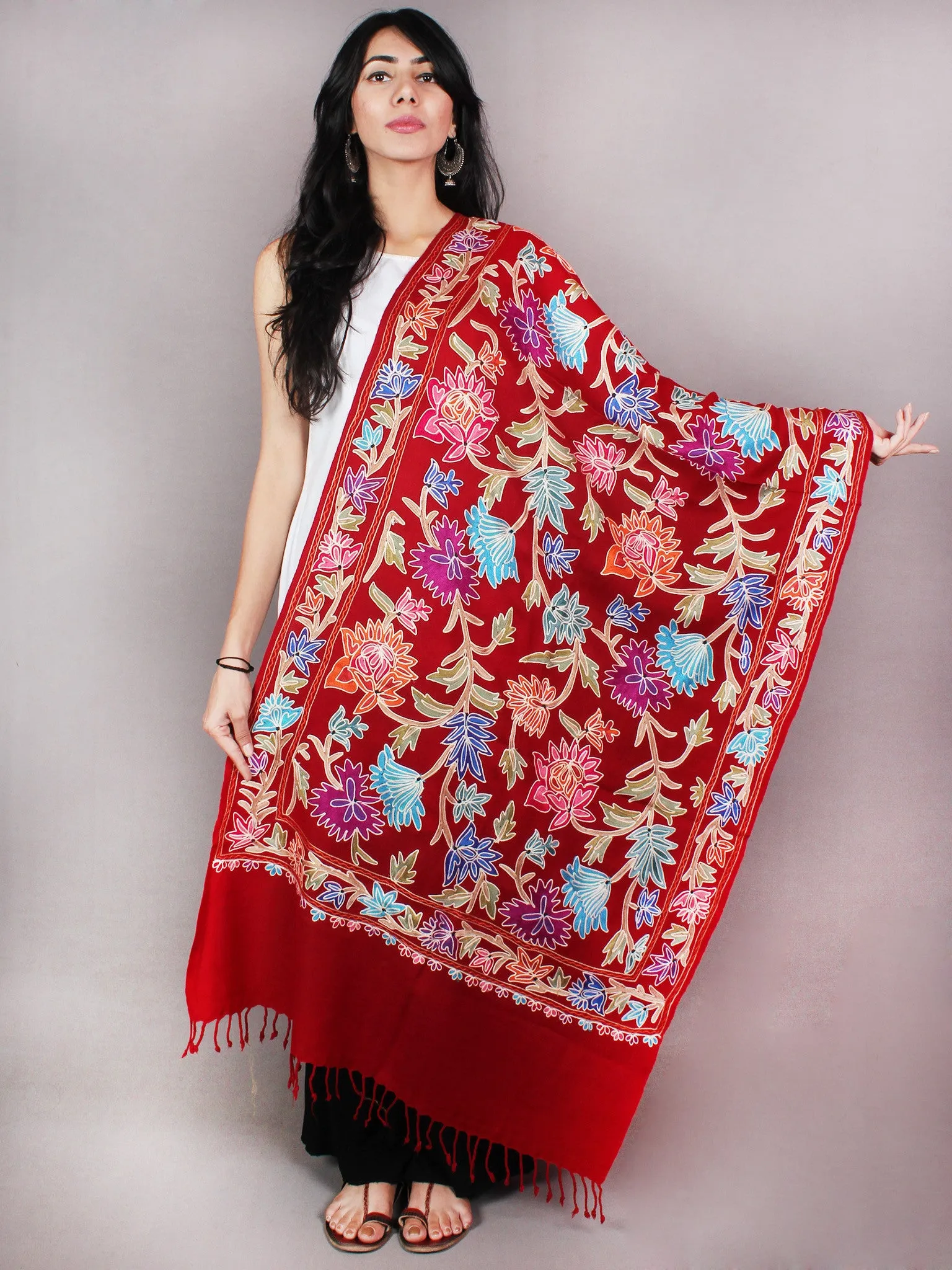 Maroon Aari Embroidery Pure Wool Stole from Kashmir - S6317078