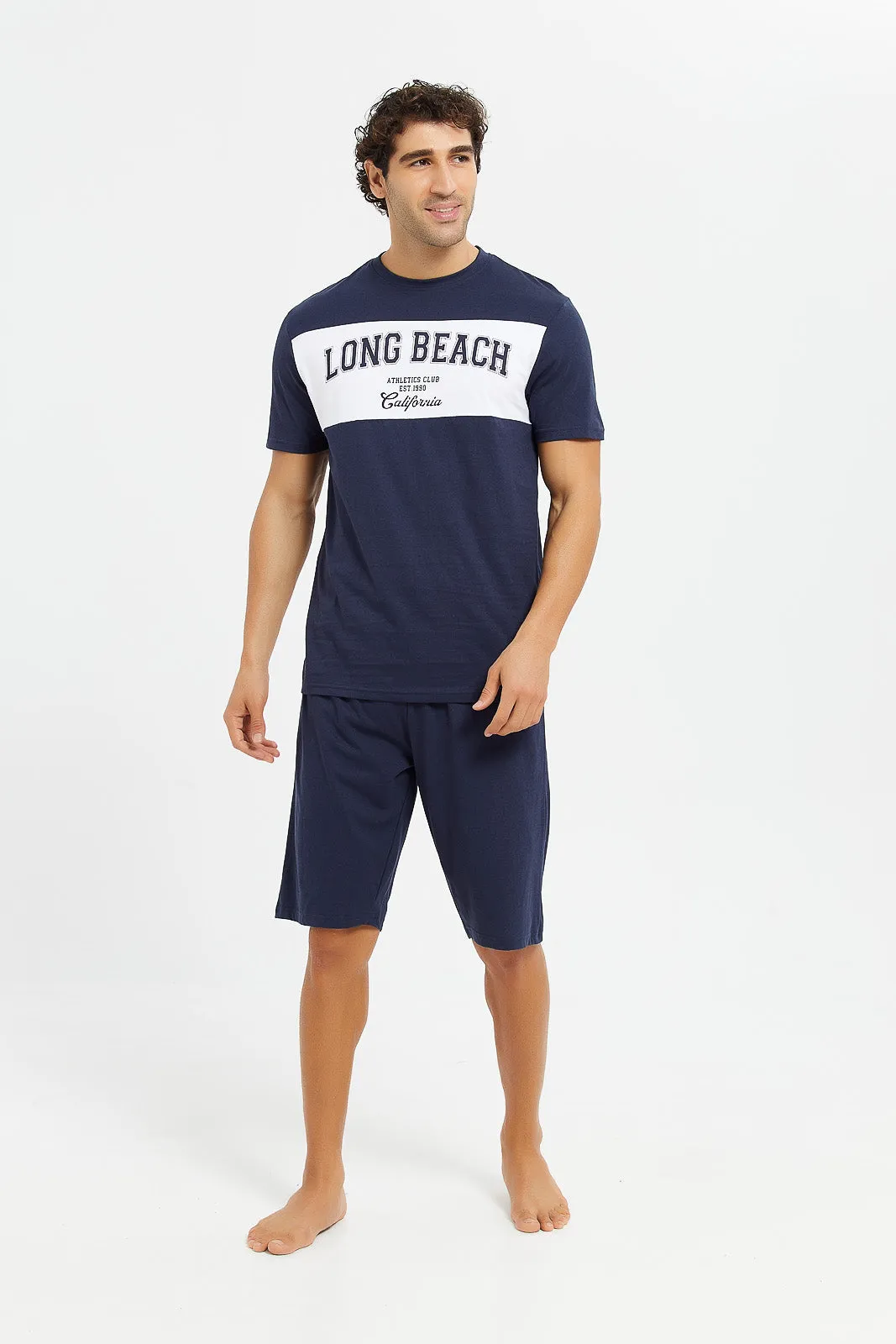 Men Navy Shorts Pyjama Set (2 Piece)