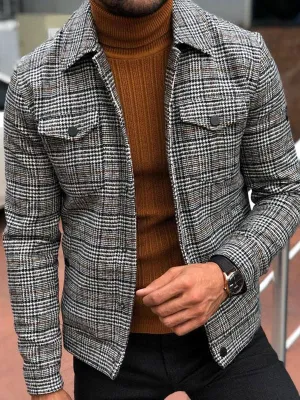 Men's Buttoned Checkered Woolen Jacket Coat