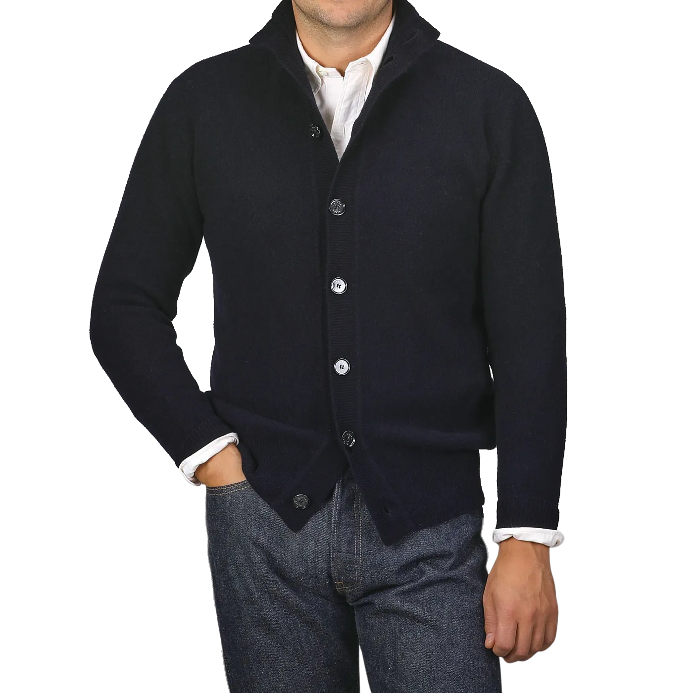 Navy Blue Shetland Wool Button Cardigan