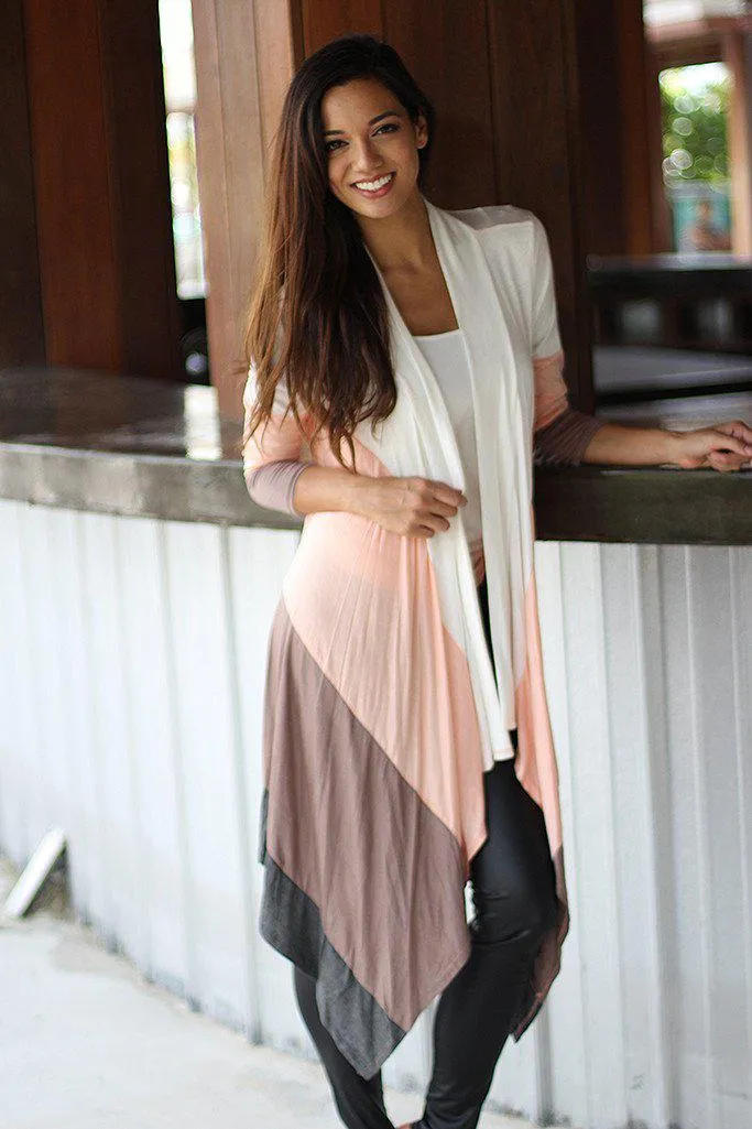 Peach Color Block Long Cardigan