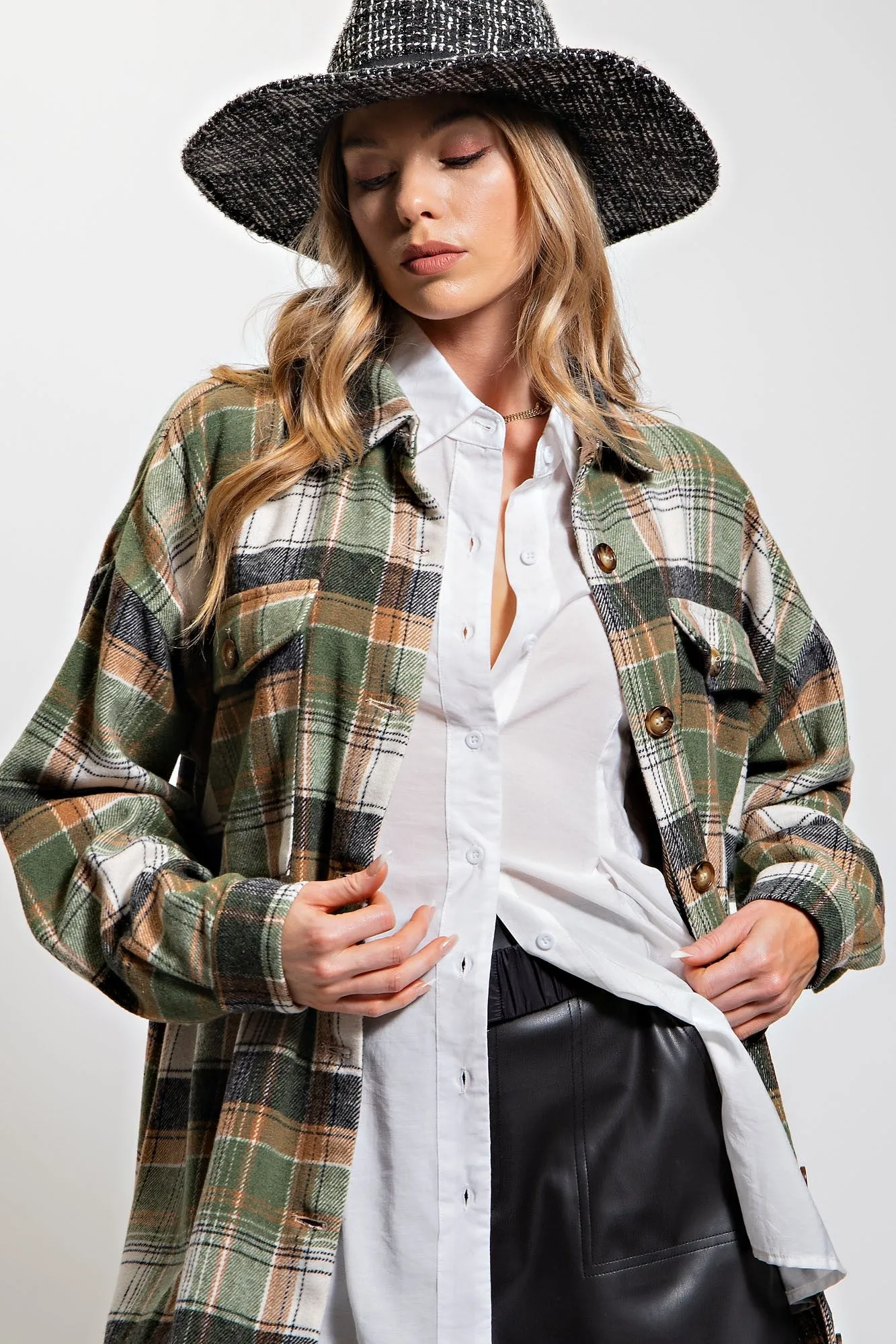 Plaid Long Sleeve Button-Down Jacket/Coat