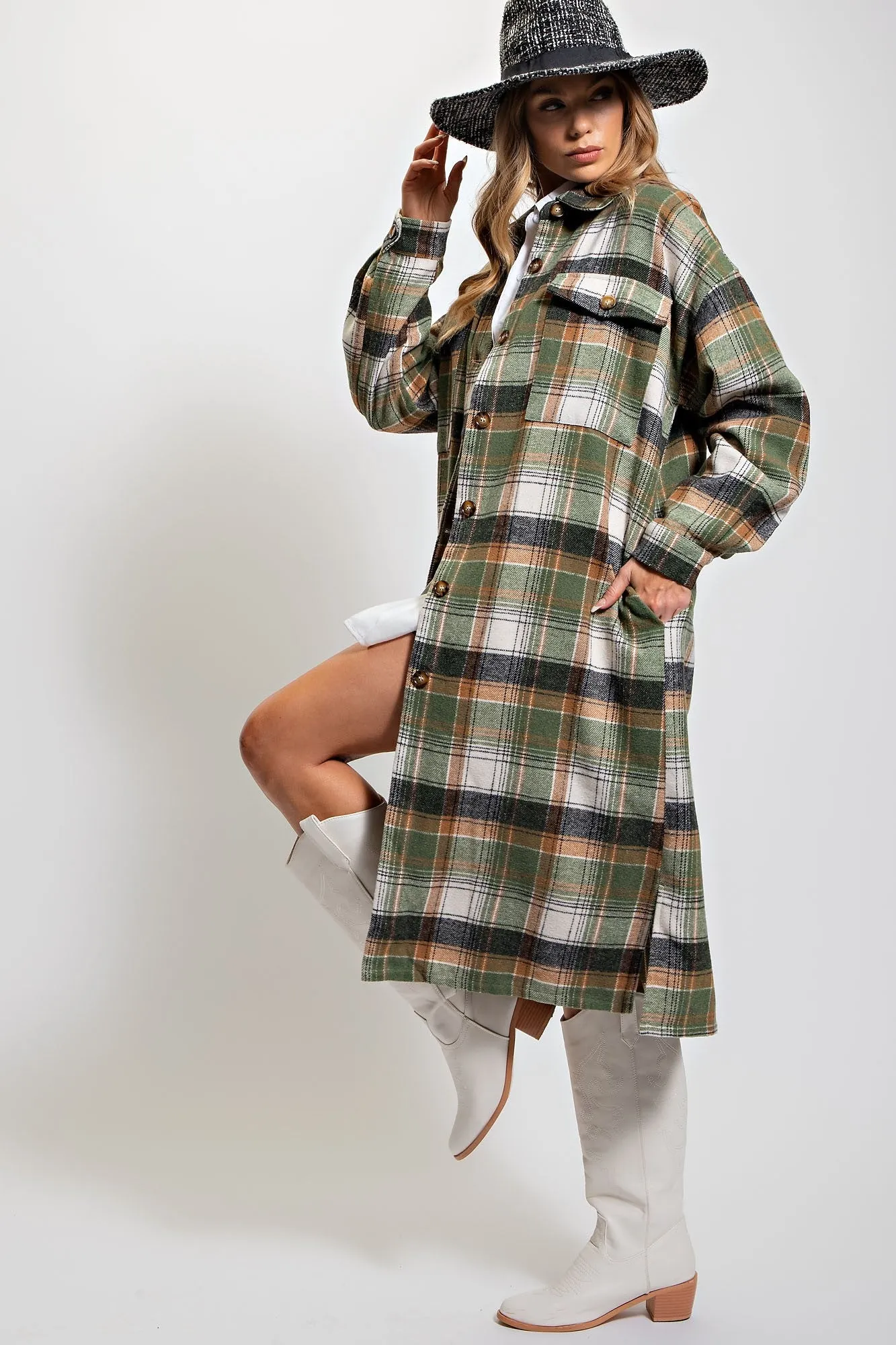 Plaid Long Sleeve Button-Down Jacket/Coat