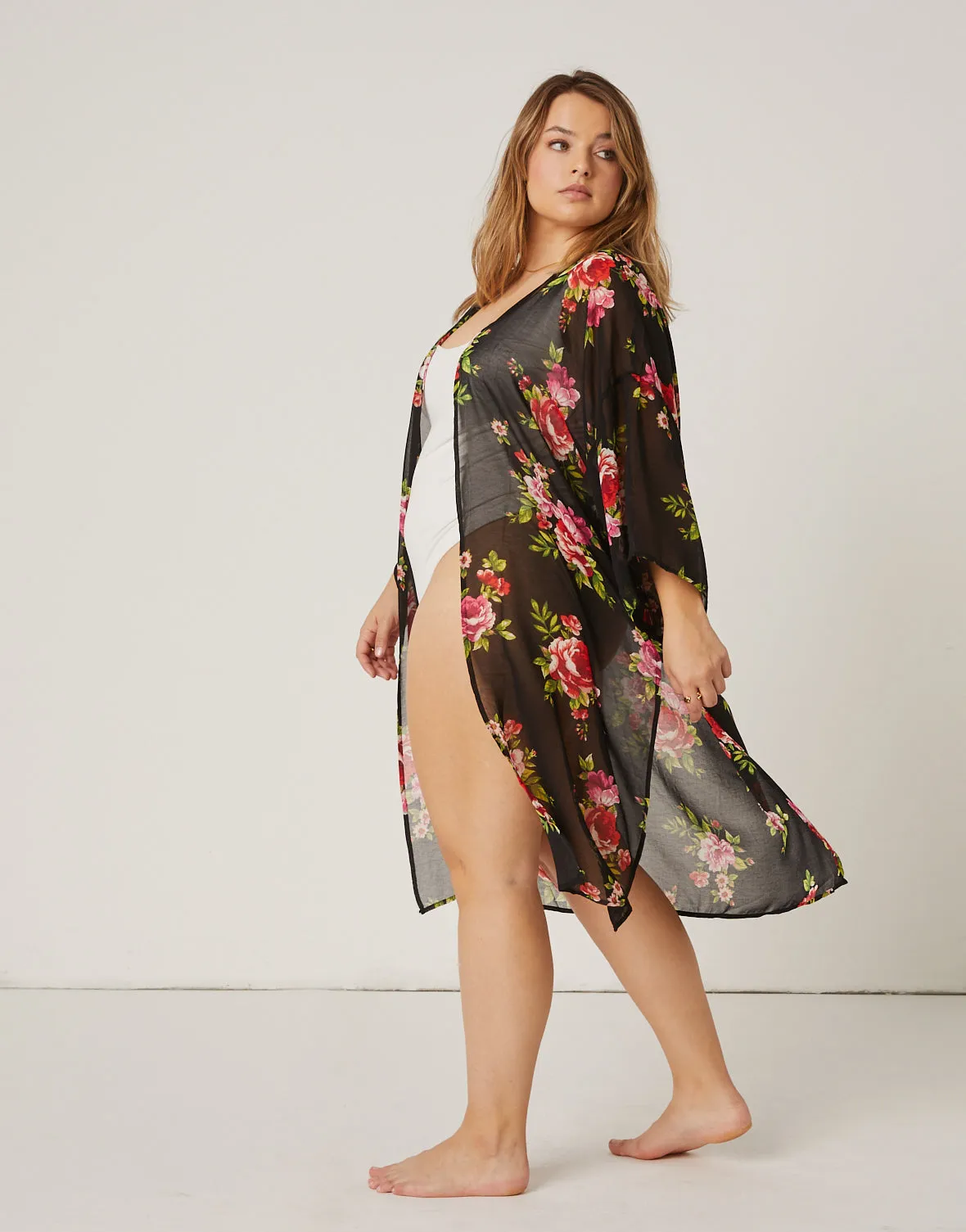 Plus Size Floral Printed Mesh Cardigan