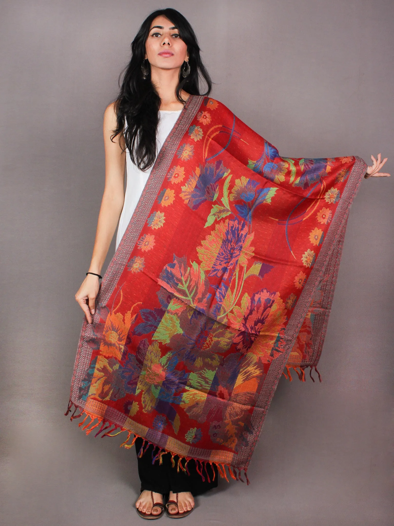 Red Green Blue Orange Pure Wool Jamawar Stole from Kashmir - S6317097