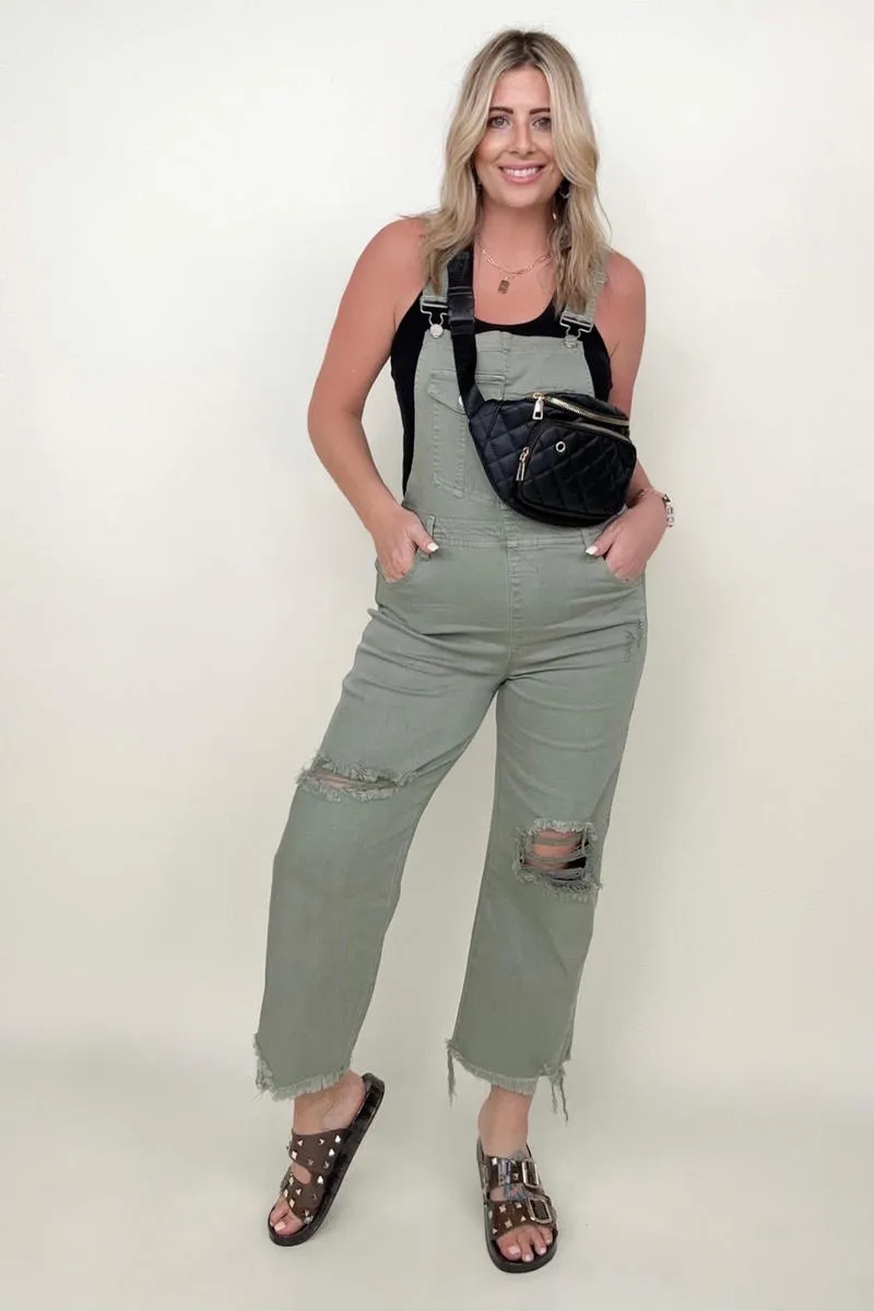 Risen High Rise Distressed Straight Overalls