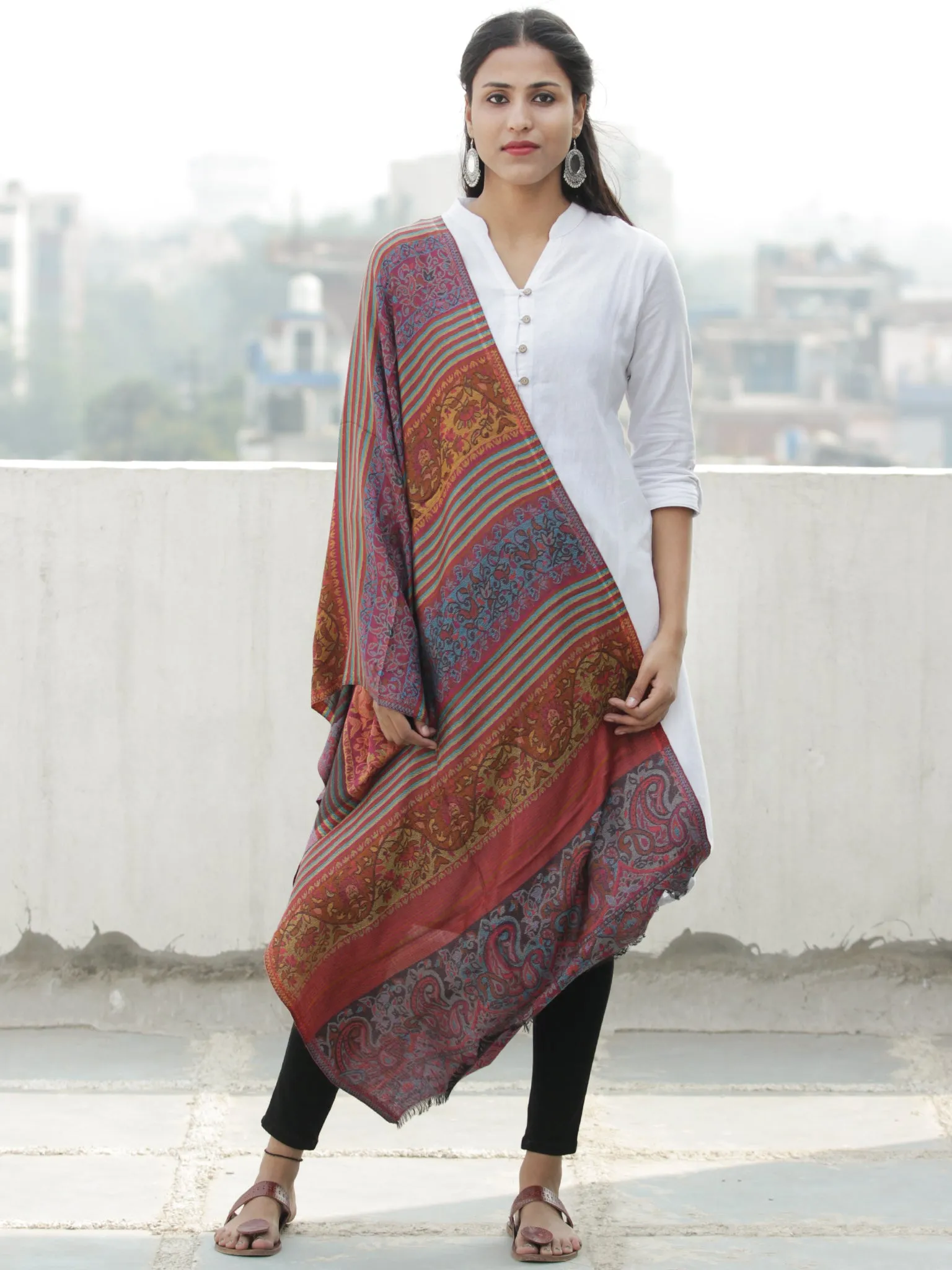 Rust Blue Mustard Self Weaved Modal Silk Wool Kashmiri Stole - S200599