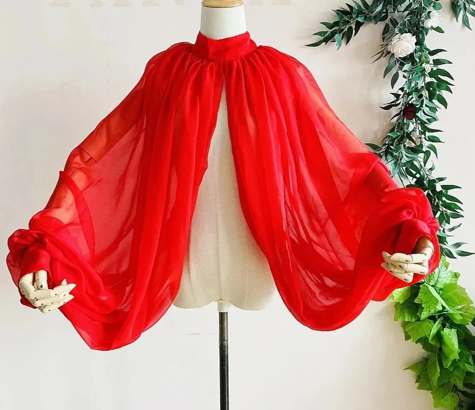 Silk Chiffon Wedding Cloak Puffy Sleeves Short Bolero Bridal Jacket Accessory