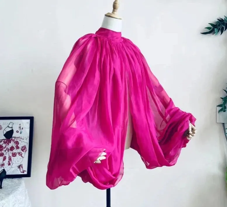 Silk Chiffon Wedding Cloak Puffy Sleeves Short Bolero Bridal Jacket Accessory