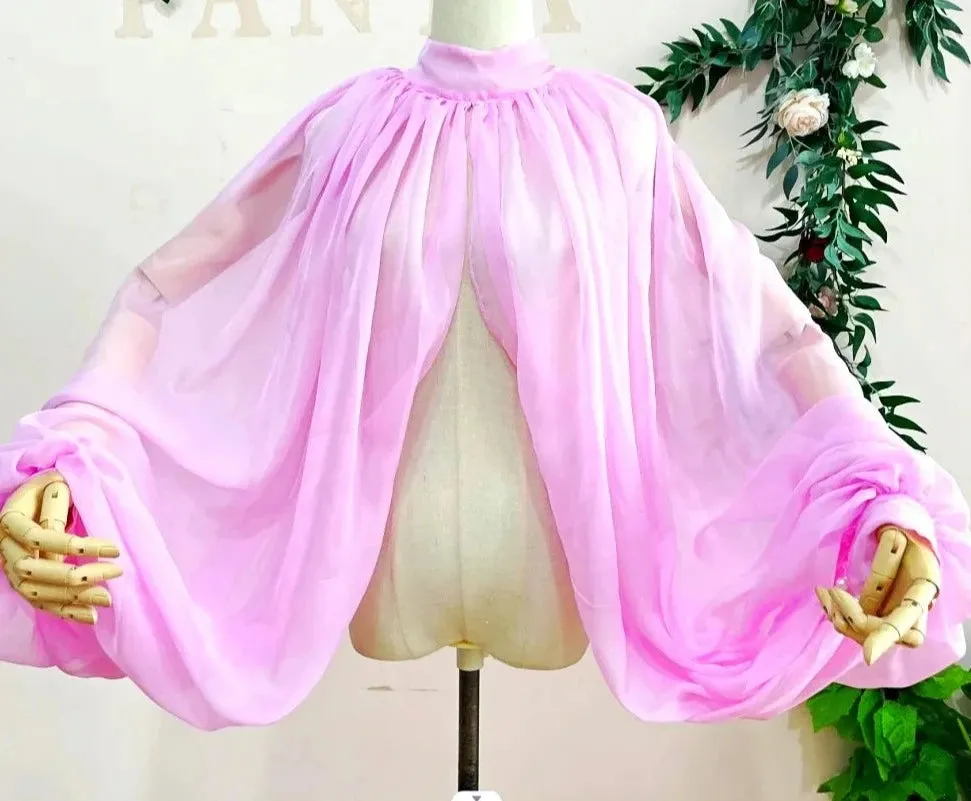 Silk Chiffon Wedding Cloak Puffy Sleeves Short Bolero Bridal Jacket Accessory