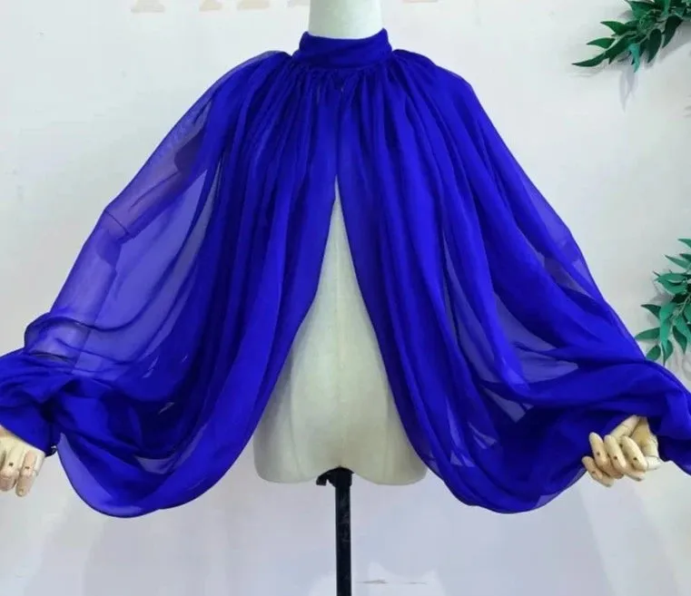 Silk Chiffon Wedding Cloak Puffy Sleeves Short Bolero Bridal Jacket Accessory