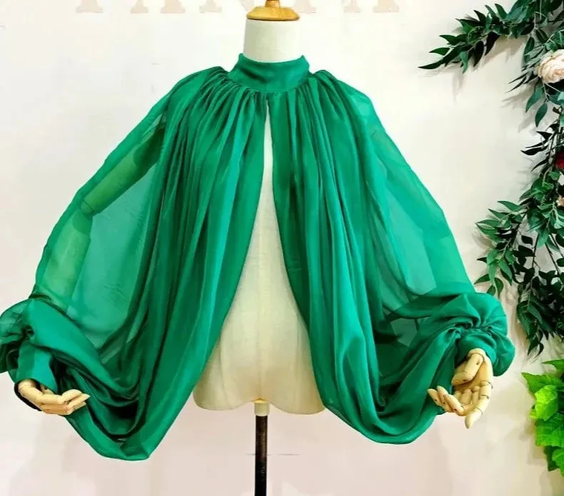 Silk Chiffon Wedding Cloak Puffy Sleeves Short Bolero Bridal Jacket Accessory