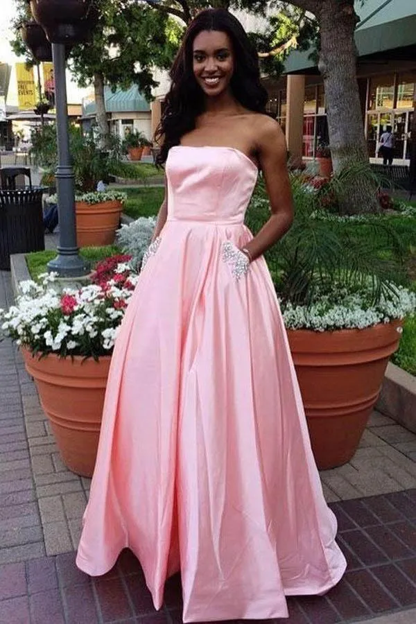 Simple A-line Strapless Long Prom Dresses Evening Dresses With Pocket PG523