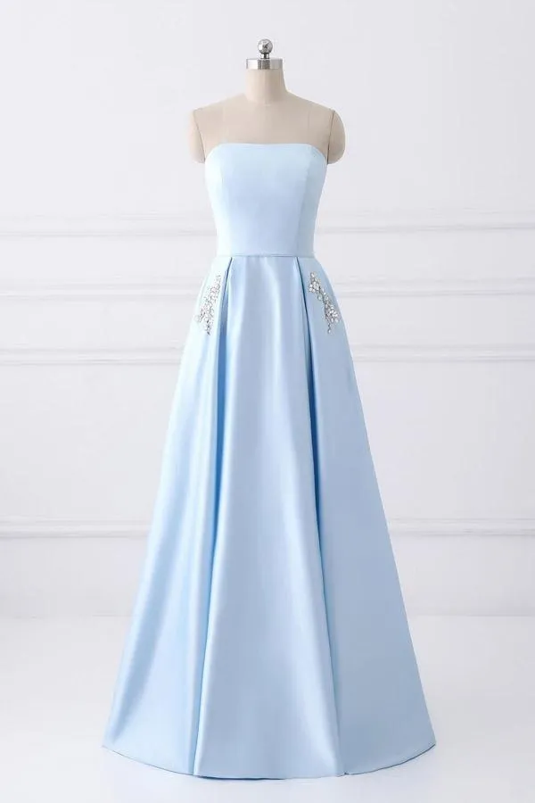 Simple A-line Strapless Long Prom Dresses Evening Dresses With Pocket PG523