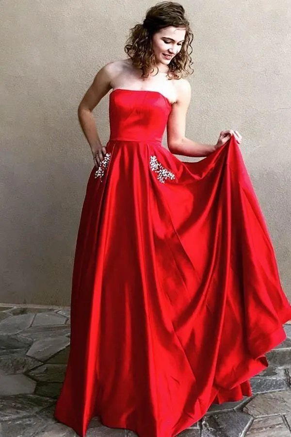 Simple A-line Strapless Long Prom Dresses Evening Dresses With Pocket PG523