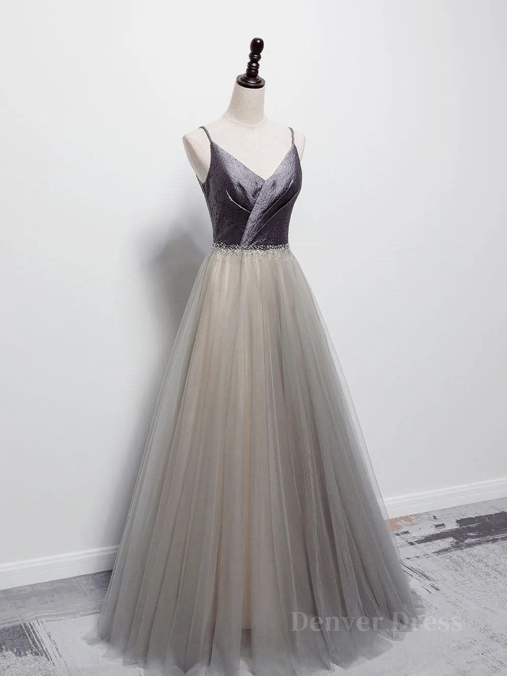 Simple gray v neck tulle long prom dress, gray tulle formal dress