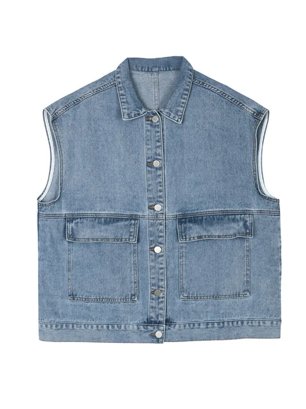 Simple Split-Joint Solid Color Denim Vest Outerwear