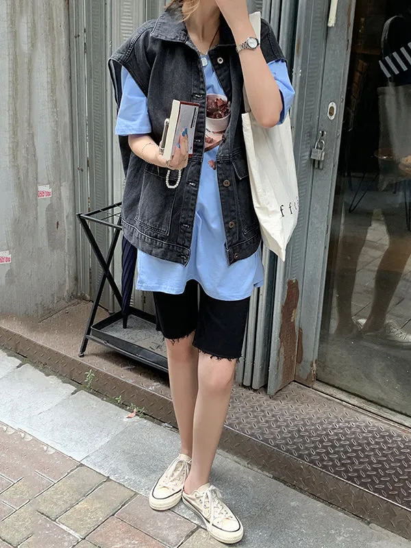 Simple Split-Joint Solid Color Denim Vest Outerwear