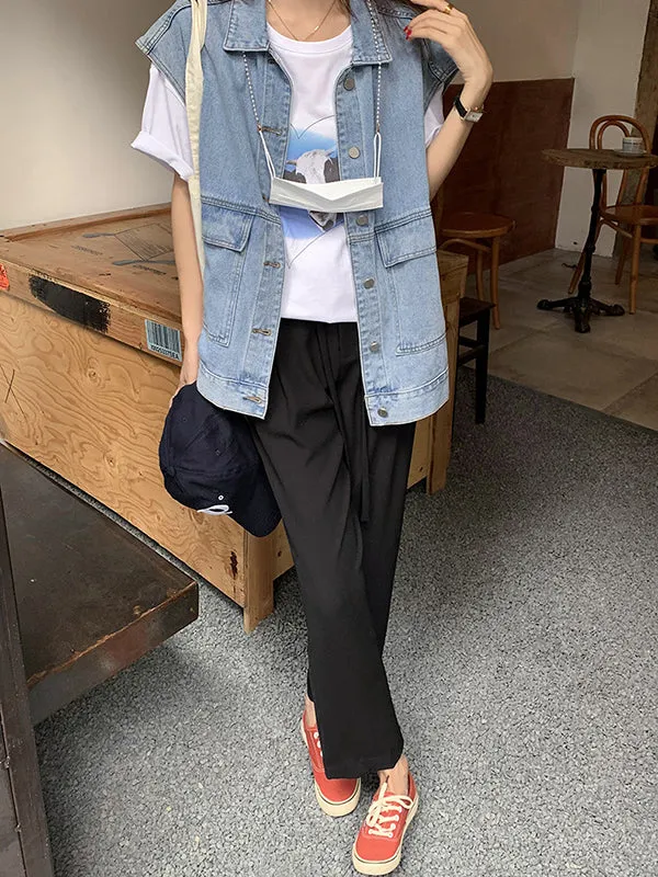 Simple Split-Joint Solid Color Denim Vest Outerwear