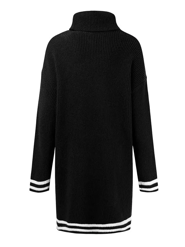 Simple Striped High-Neck Long Sleeves Mini Dress Sweater Dress