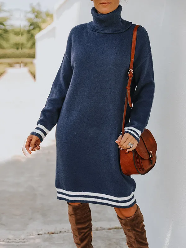 Simple Striped High-Neck Long Sleeves Mini Dress Sweater Dress