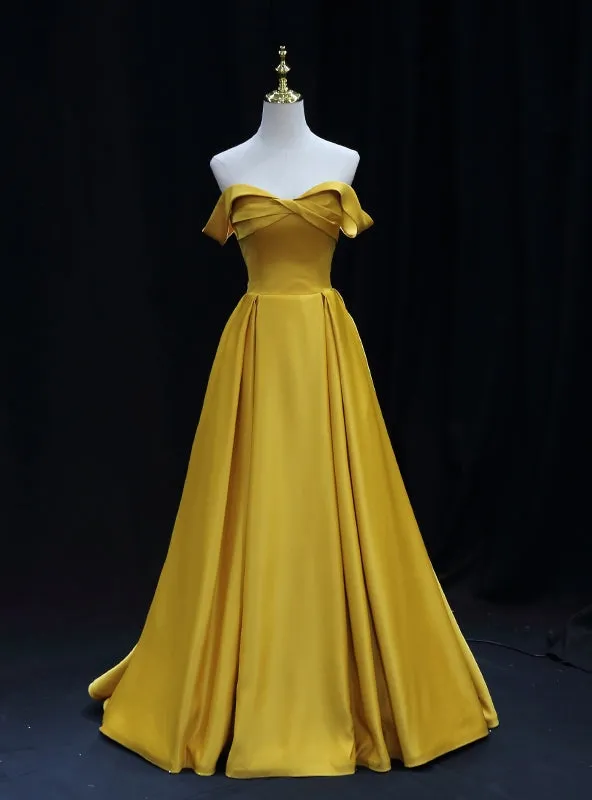 Simple Yellow Satin Off the Shoulder Prom Dress