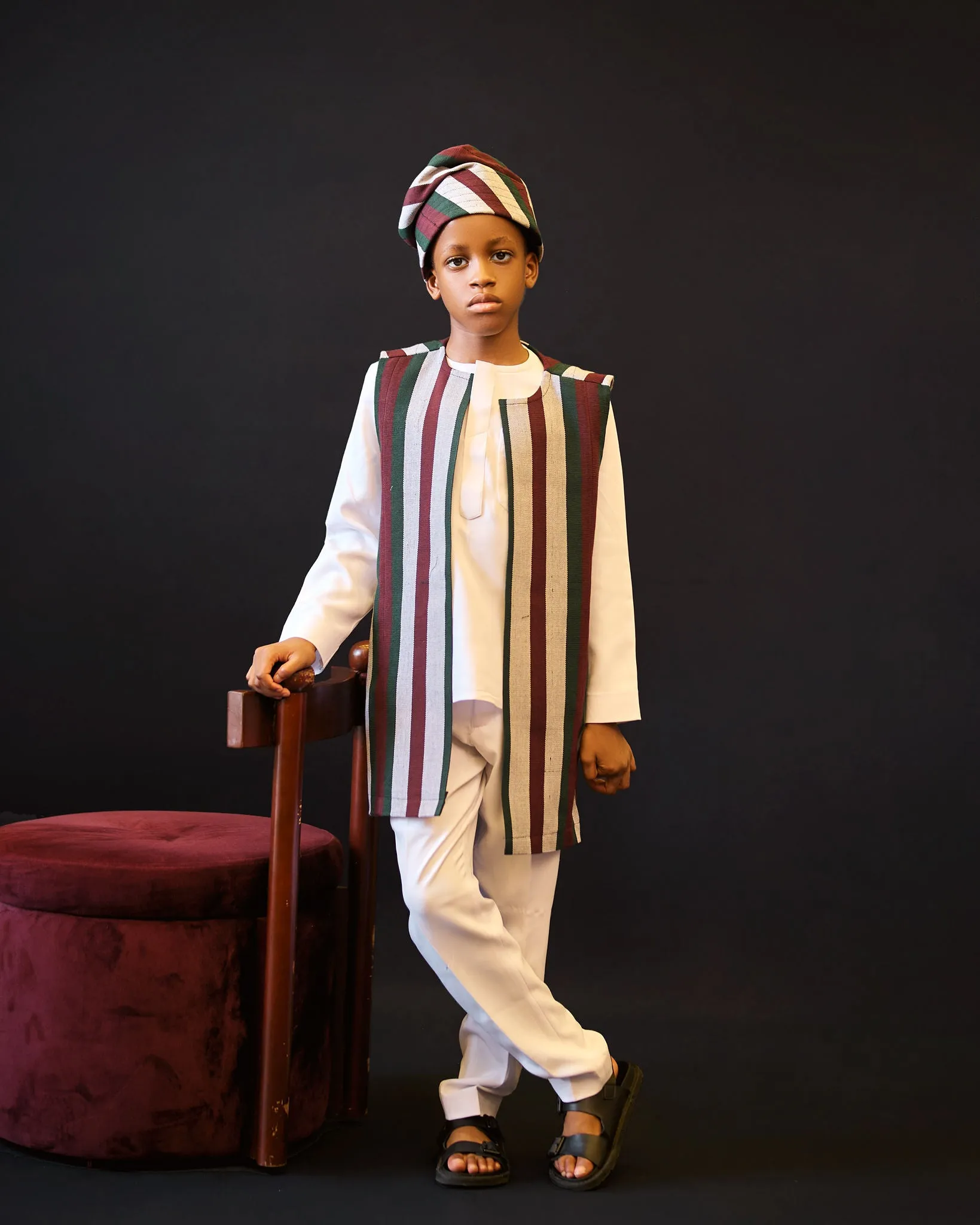 Sleeveless Aso-Oke Trench Coat and Kaftan Awolowo cap