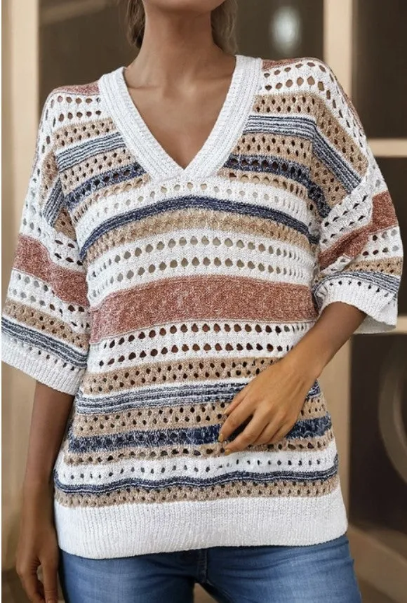 Striped V-Neck Half Sleeve Sweater Top - #7646-7649