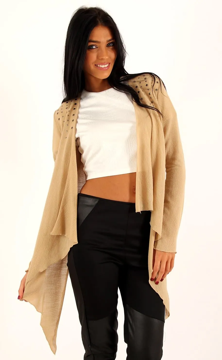 Studded Shoulder Waterfall Cardigan