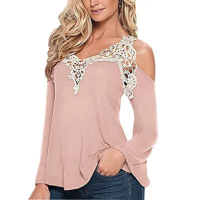 Stylish Off Shoulder  Lace Detail  Long Sleeve T-shirt