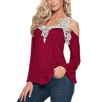 Stylish Off Shoulder  Lace Detail  Long Sleeve T-shirt