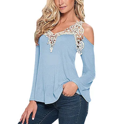 Stylish Off Shoulder  Lace Detail  Long Sleeve T-shirt