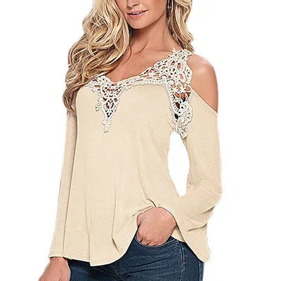 Stylish Off Shoulder  Lace Detail  Long Sleeve T-shirt