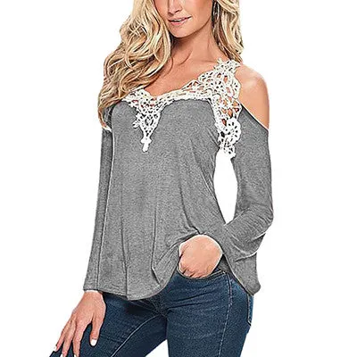 Stylish Off Shoulder  Lace Detail  Long Sleeve T-shirt