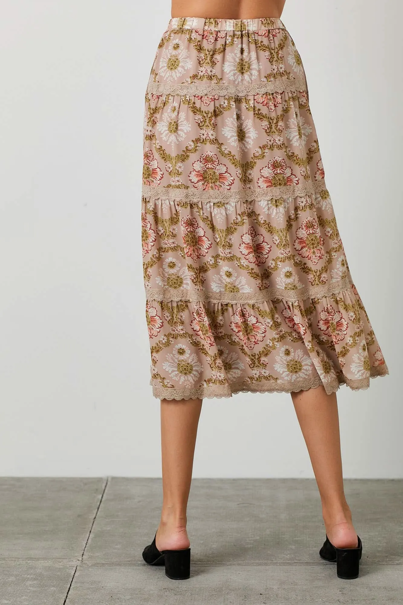 Taupe Print Lace Trim Skirt